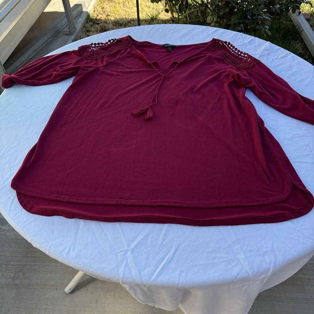 Karen Brooks Blouse Womens Size 2X Open Top 3/4 Sleeve Tie Open V-neck Maroon